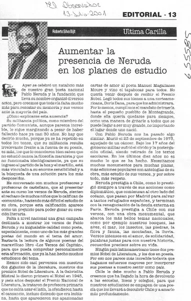 Aumentar la presencia de Neruda en los planes de estudio  [artículo] Roberto Silva Bijit.