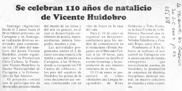 Se celebran 110 años de natalicio de Vicente Huidobro.  [artículo]