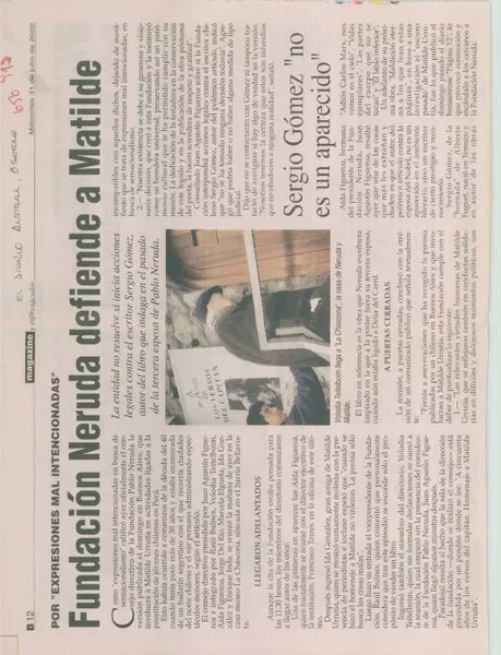 Fundación Neruda defiende a Matilde.  [artículo]