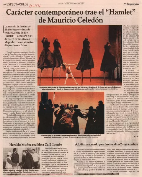 Carácter comtemporaneo trae "Hamlet" de Mauricio Celedón  [artículo] J.I.V.