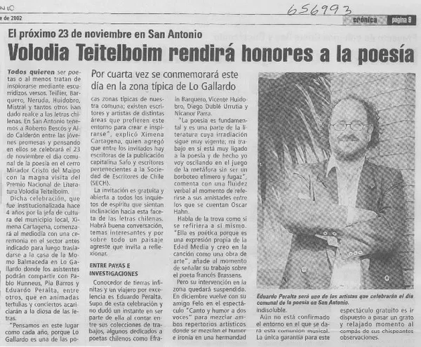 Volodia Teitelboim rendirá honores a la poesía.  [artículo]