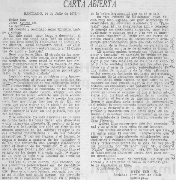 Carta abierta  [artículo] Otto Cid.
