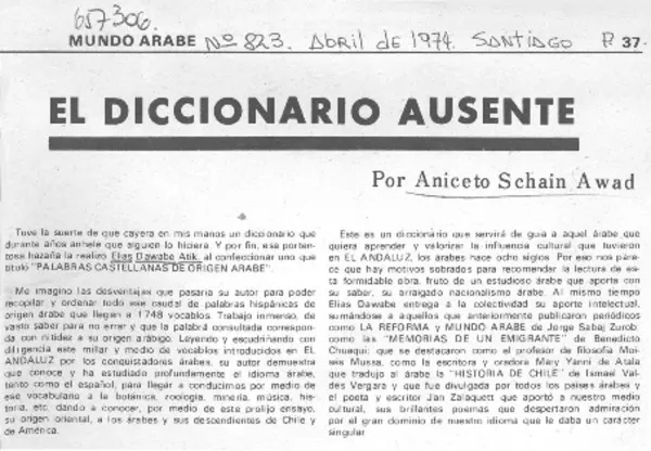 El Diccionario ausente  [artículo] Aniceto Schain Awad.