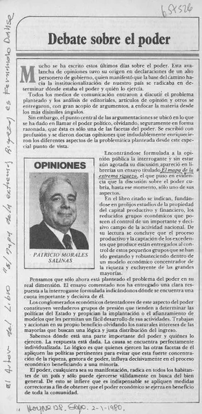 Debate sobre el poder  [artículo] Patricio Morales Salinas.