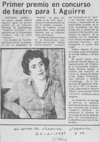 Primer premio en concurso de teatro para I. Aguiire.  [artículo]