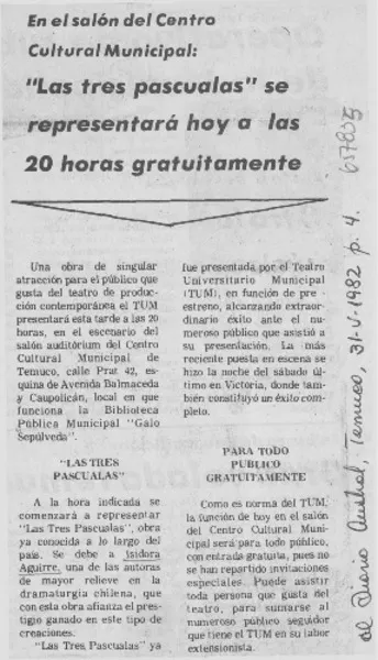 "Las Tres Pascualas" se representará hoy a las 20 horas gratuitamente.  [artículo]
