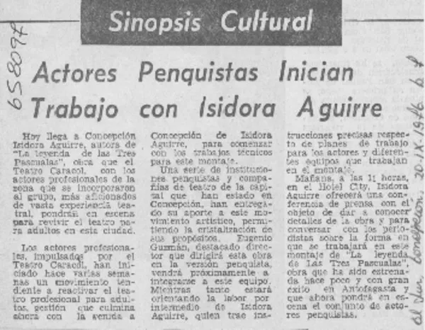 Actores penquistas inician trabajo con Isidora Aguirre.  [artículo]