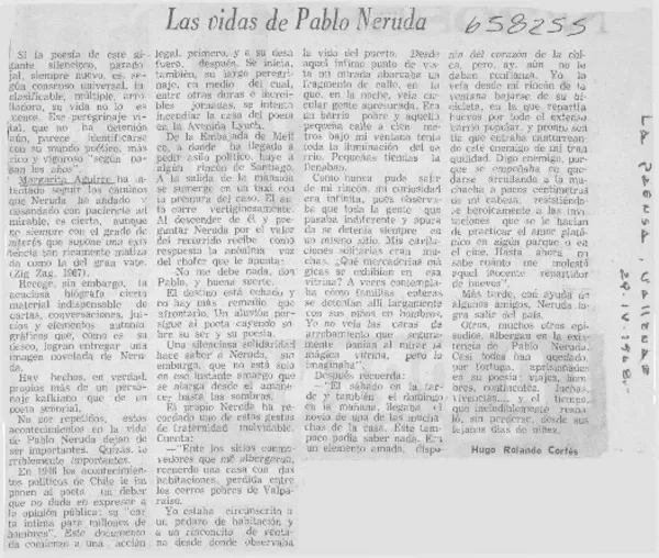 Las vidas de Pablo Neruda  [artículo] Hugo Rolando Cortés.