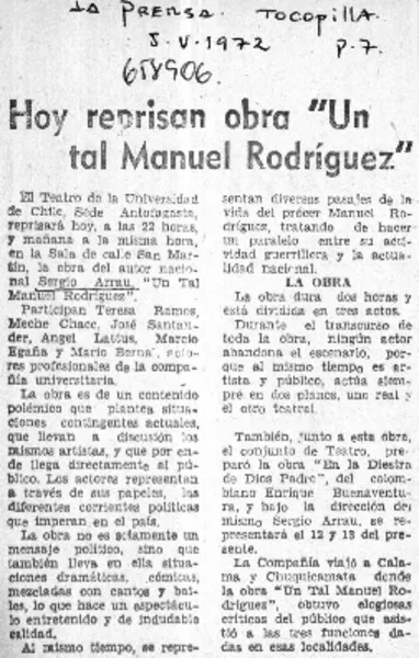 Hoy reprisan obra "Un tal Manuel Rodríguez".  [artículo]