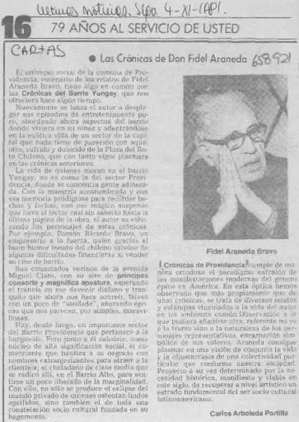 Las crónicas de Don Fidel Araneda  [artículo] Carlos Arboleda Portilla.
