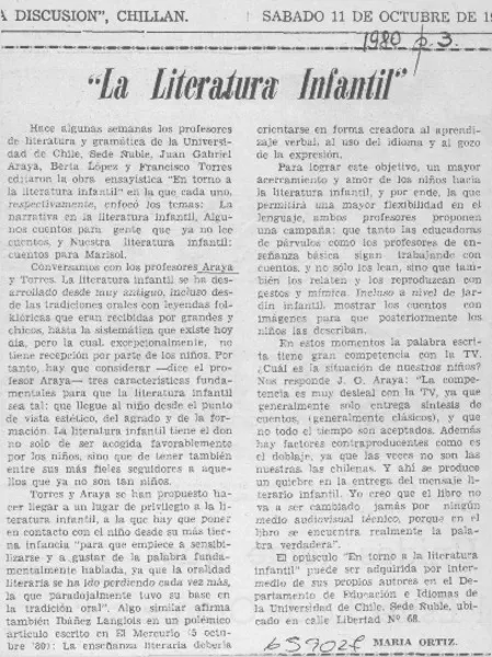 "La literatura infantil"  [artículo] María Ortiz.