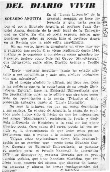Del diario vivir  [artículo] Cronos.