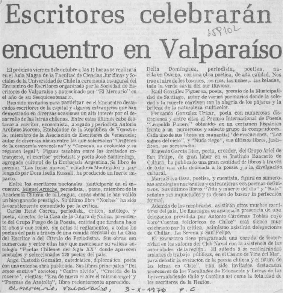 Escritores celebrarán encuentro en Valparaíso.  [artículo]