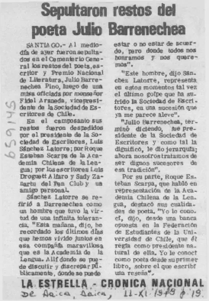 Sepultaron restos del poeta Julio Barrenechea.  [artículo]