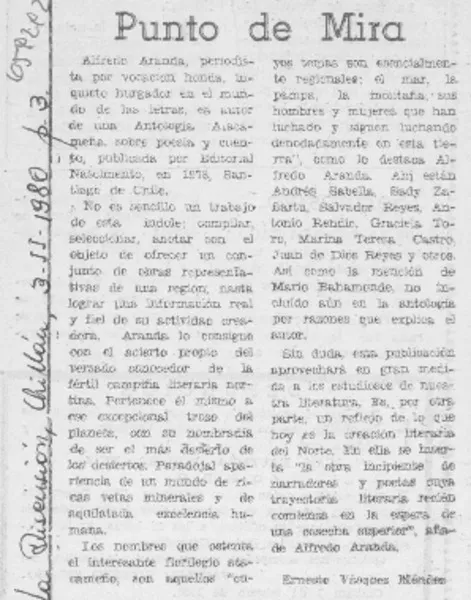 Punto de mira  [artículo] Ernesto Vásquez Méndez.