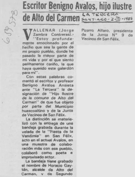 Escritor Benigno Avalos, hijo ilustre del Alto del Carmen.  [artículo]