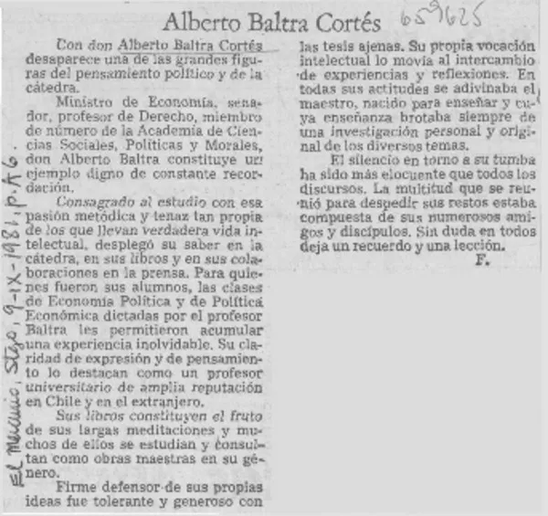 Alberto Baltra Cortés  [artículo] F.