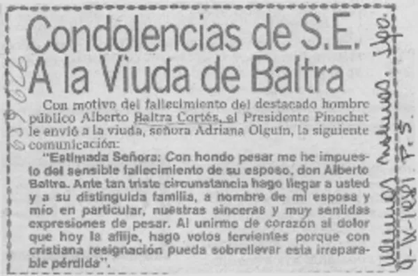 Condolencias de S. E. a la viuda de Baltra.  [artículo]