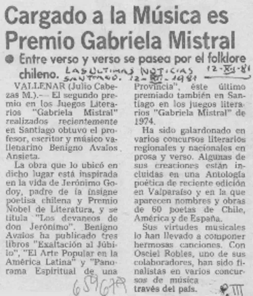 Cargando a la música es Premios Gabriela Mistral  [artículo] Julio Cabezas M.