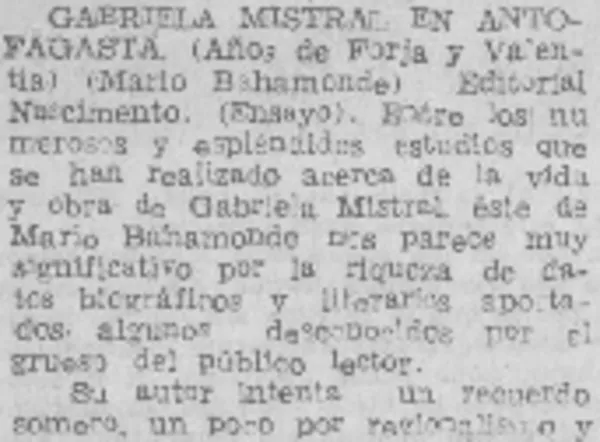 Gabriela Mistral en Antofagasta  [artículo] Federico Tatter.