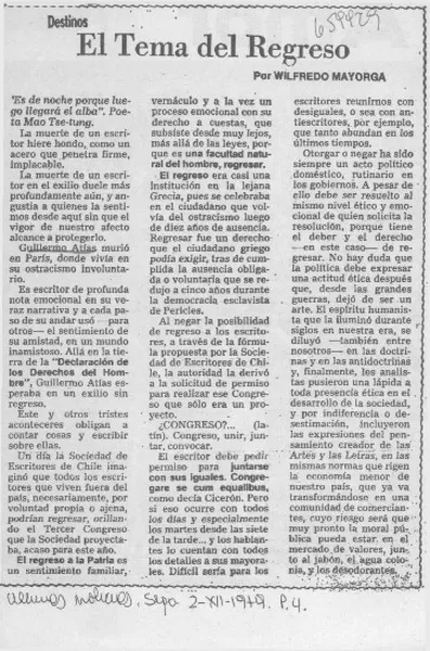 El tema del regreso  [artículo] Wilfredo Mayorga.