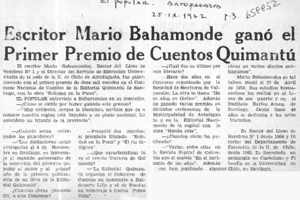 Escritor Mario Bahamonde ganó el primer premio de Cuentos Quimantú [entrevista]. [artículo] :