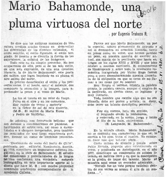 Mario Bahamonde, una pluma virtuosa del norte  [artículo] Eugenio Trabazo R.
