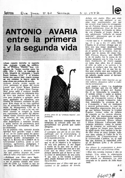 Antonio Avaria entre la primera y la segunda vida [entrevista] [artículo] : R. T.