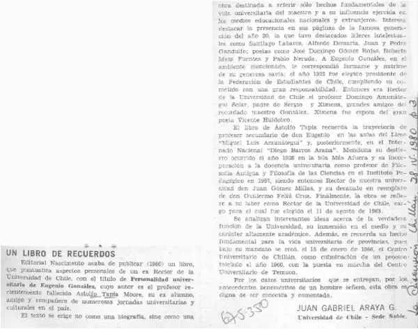Un libro de recuerdos  [artículo] Juan Gabriel Araya G.