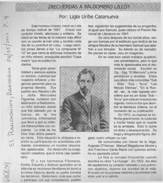 ¿Recuerdas a Baldomero Lillo?  [artículo] Inelia Uribe Casanueva.