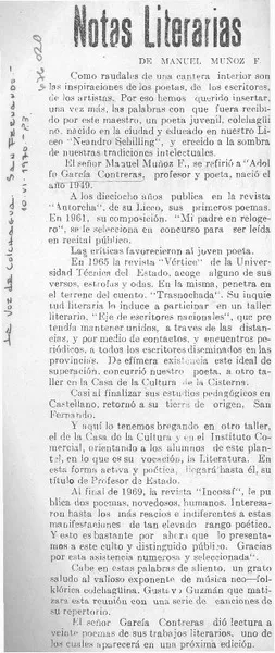 Notas literarias  [artículo] Manuel Muñoz F.