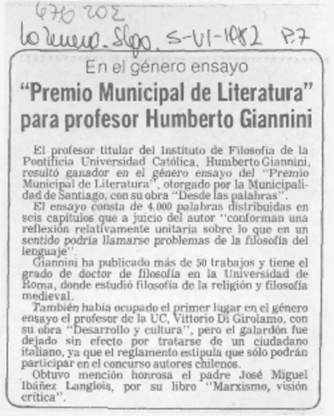 "Premio municipal de literatura" para profesor Humberto Giannini.  [artículo]