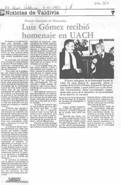 Luis Gómez recibió homenaje en USACH.  [artículo]