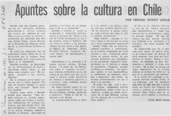 Apuntes sobre la cultura en Chile  [artículo] Carlos René Correa.