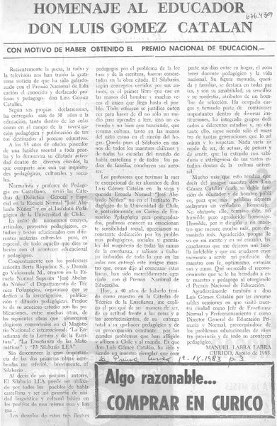 Homenaje al educador don Luis Gómez Catalán  [artículo] Manuel Labra Labra.