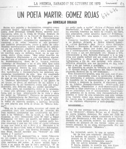 Un poeta mártir, Gómez Rojas  [artículo] Gonzalo Drago.