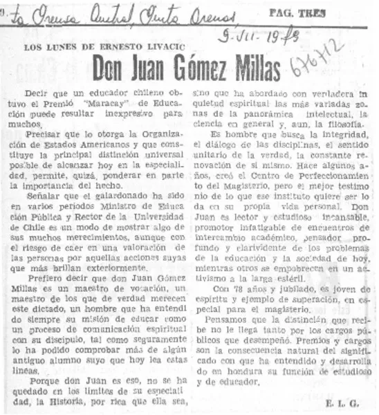 Don Juan Gómez Millas  [artículo] E. L. G.