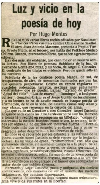 Luz y vicio en la poesía de hoy  [artículo] Hugo Montes.