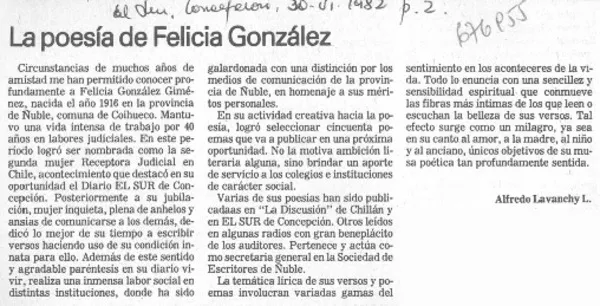 La poesía de Felicia González  [artículo] Alfredo Lavanchy L.