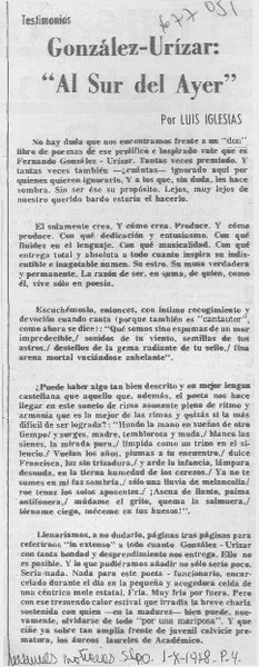 González-Urízar: "Al sur del ayer"  [artículo] Luis Iglesias.