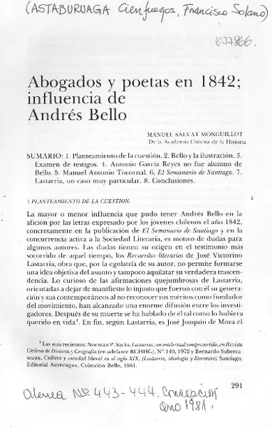Abogados y poetas en 1842; influencia se Andrés Bello  [artículo] Manuel Salvat Monguillot.