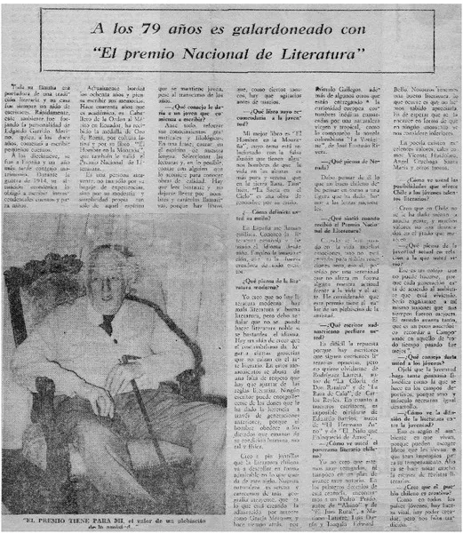 A los 79 años es galardoneado con "El Premio Nacional de Literatura" [entrevista] [artículo]