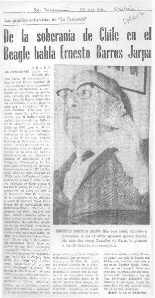 De la soberanía de Chile en el Beagle habla Ernesto Barros Jarpa.  [artículo]