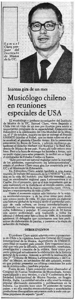 Musicólogo chileno en reuniones especiales de USA.  [artículo]