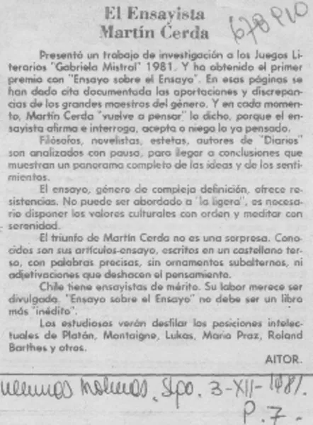El ensayista Martín Cerda  [artículo] Aitor.