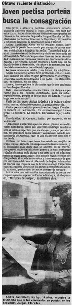 Joven poetisa porteña busca la consagración.  [artículo]
