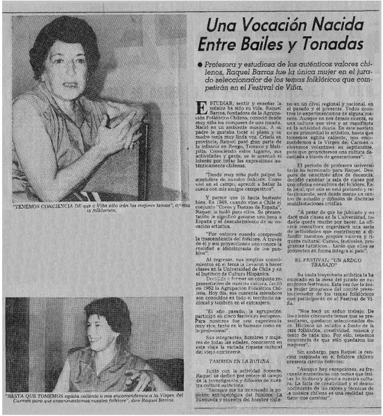 Una vocación nacida entre bailes y tonadas.  [artículo]