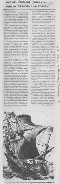 Antonio Cárdenas Tabies y su estudio de folklore de Chiloé  [artículo] Juan Antonio Tabies.