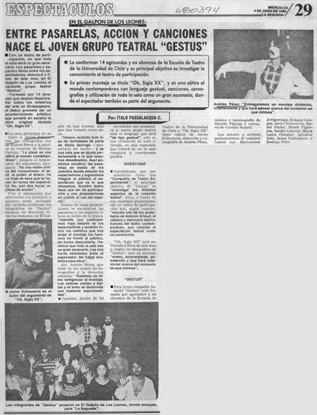 Entre pasarelas, acción y canciones nace el joven grupo teatral "Gestus"  [artículo] Italo Passalacqua C.