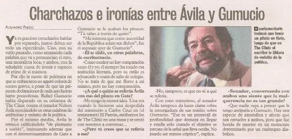 Charchazos e ironías entre Avila y Gumucio : [Entrevista] [artículo] Alejandro Pardo.